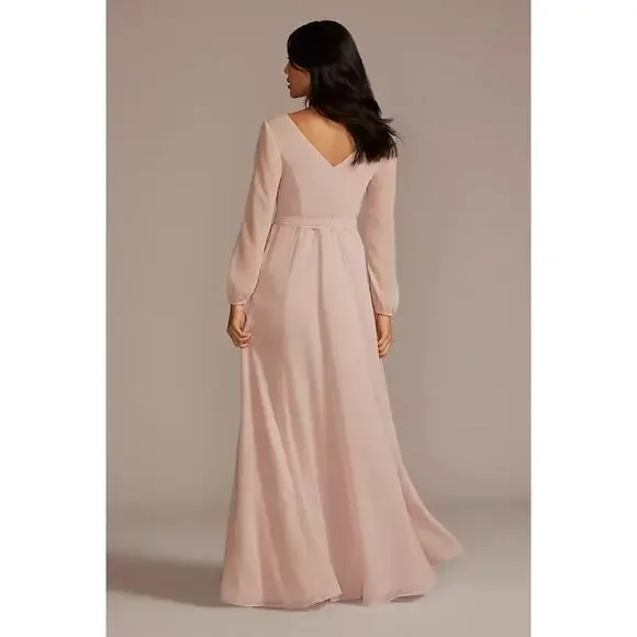 Celebrate DB Studio Teal Chiffon Long Sleeve V-Neck Dress SZ 14 Bridesmaid Gown - Picture 3 of 13